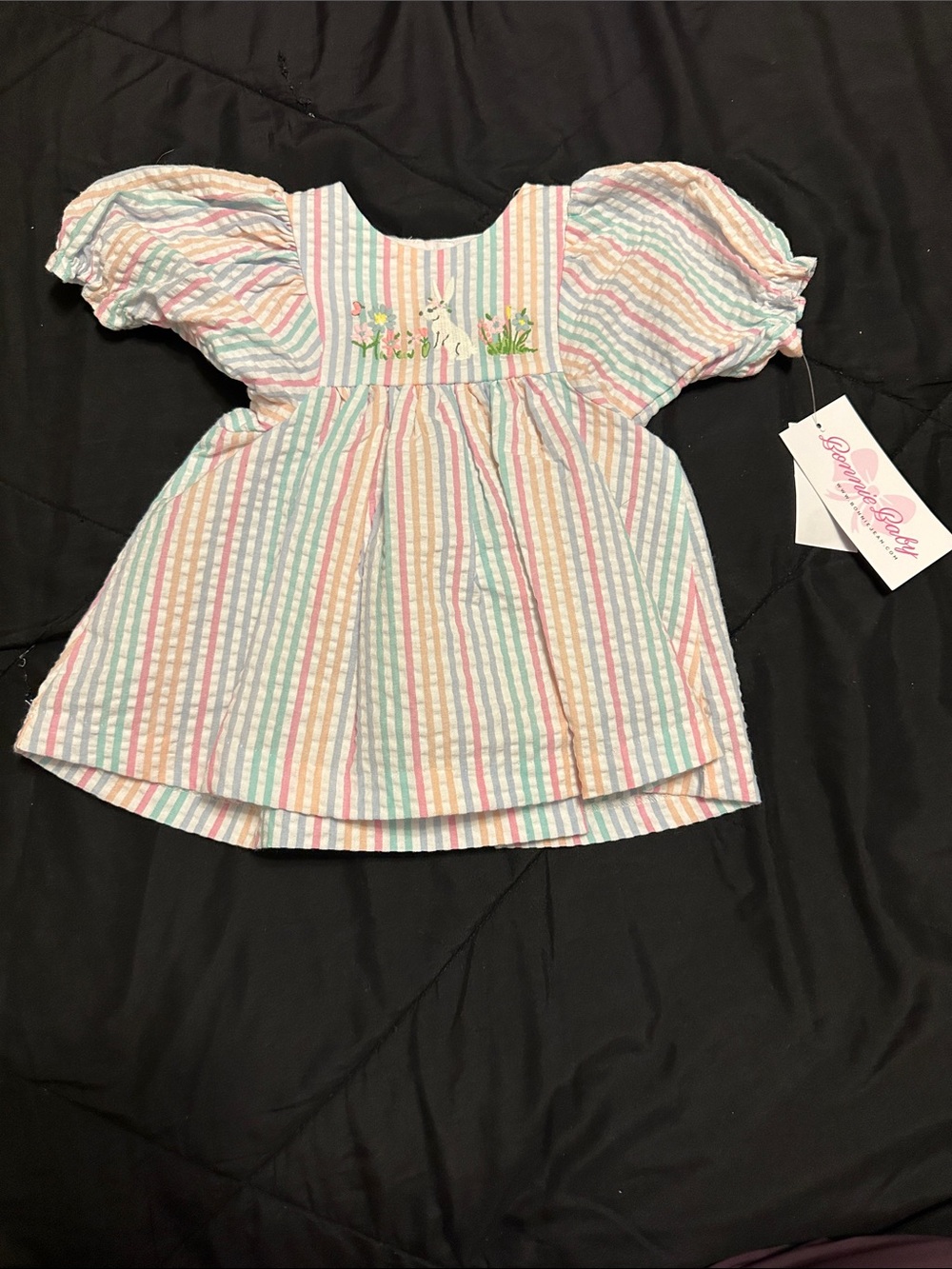 Bonnie Baby Pastel Striped Dress with Bunny and Floral Embroidery
